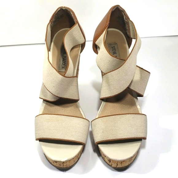 Steve Madden | Platform Wedge Cork Sandal  Beige Brown High Straps Size 9 - Picture 3 of 15
